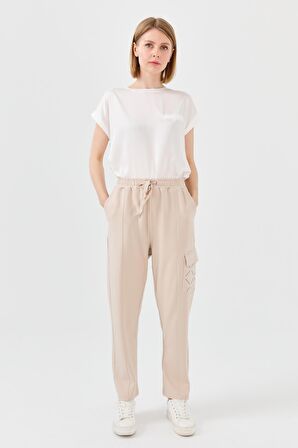 Kadın Triko Taş Baskılı Pantolon Bej