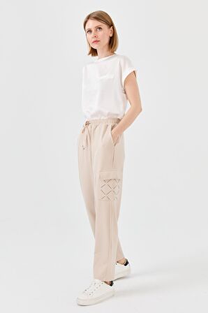 Kadın Triko Taş Baskılı Pantolon Bej