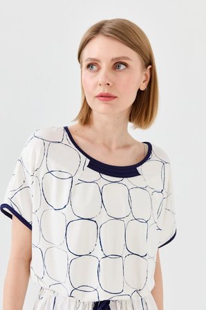 Kadın Sıfır Yaka İki Renk Penye T-shirt Ekru/Laci