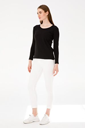 Kadın Sıfır Yaka Uzun Kol Basic Pamuklu Bluz Siyah