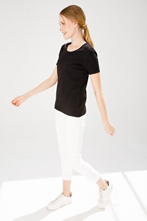 Kadın Sıfır Yaka Kısa Kol Pamuk Kaşkorse T-shirt Siyah