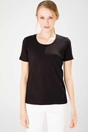 Kadın Sıfır Yaka Kısa Kol Pamuk Kaşkorse T-shirt Siyah