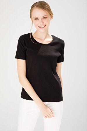 Kadın Sıfır Yaka Kısa Kol Pamuk Kaşkorse T-shirt Siyah