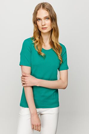 Kadın Sıfır Yaka Kısa Kol Pamuk Kaşkorse T-shirt Yeşil