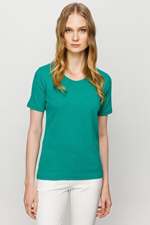 Kadın Sıfır Yaka Kısa Kol Pamuk Kaşkorse T-shirt Yeşil