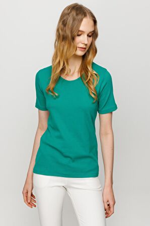 Kadın Sıfır Yaka Kısa Kol Pamuk Kaşkorse T-shirt Yeşil