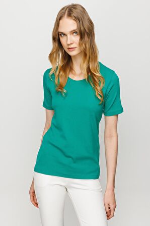 Kadın Sıfır Yaka Kısa Kol Pamuk Kaşkorse T-shirt Yeşil