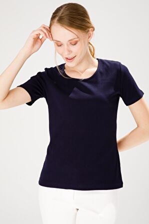 Kadın Sıfır Yaka Kısa Kol Pamuk Kaşkorse T-shirt Lacivert