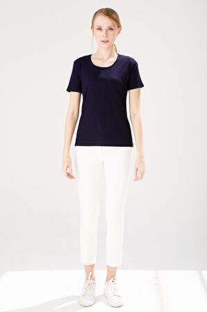 Kadın Sıfır Yaka Kısa Kol Pamuk Kaşkorse T-shirt Lacivert