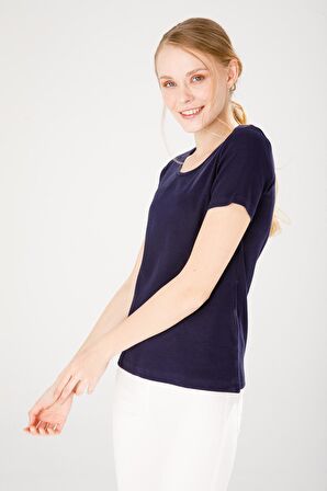 Kadın Sıfır Yaka Kısa Kol Pamuk Kaşkorse T-shirt Lacivert