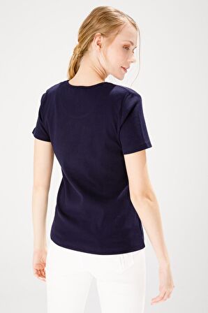 Kadın Sıfır Yaka Kısa Kol Pamuk Kaşkorse T-shirt Lacivert