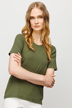 Kadın Sıfır Yaka Kısa Kol Pamuk Kaşkorse T-shirt Haki