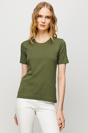 Kadın Sıfır Yaka Kısa Kol Pamuk Kaşkorse T-shirt Haki