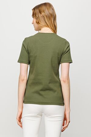 Kadın Sıfır Yaka Kısa Kol Pamuk Kaşkorse T-shirt Haki