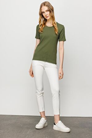 Kadın Sıfır Yaka Kısa Kol Pamuk Kaşkorse T-shirt Haki