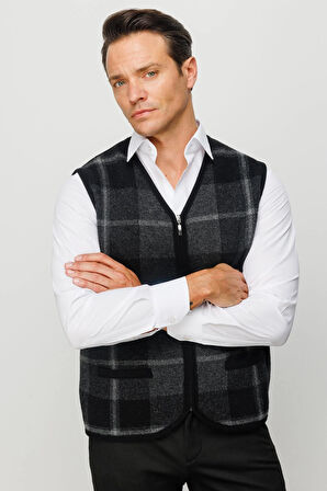 Erkek V Yaka Önü Kareli Yelek Siyah