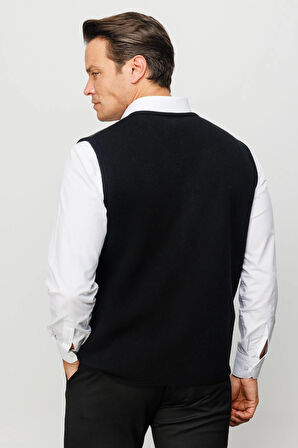 Erkek V Yaka Önü Kareli Yelek Siyah