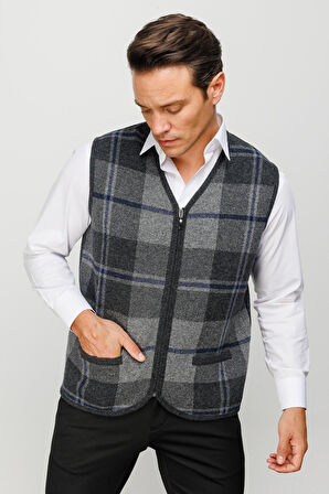 Erkek V Yaka Önü Kareli Yelek K.Füme