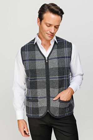 Erkek V Yaka Önü Kareli Yelek K.Füme