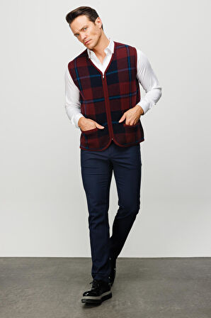 Erkek V Yaka Önü Kareli Yelek Bordo