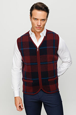 Erkek V Yaka Önü Kareli Yelek Bordo