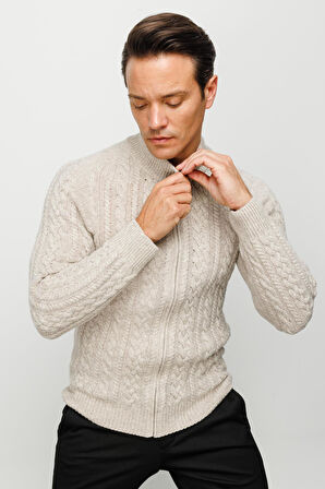 Erkek Yarım Balıkçı Yaka Saç Örgülü Yün Ceket V.Bej