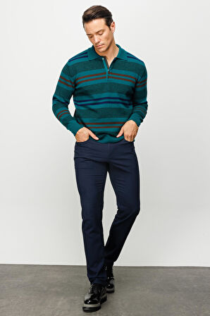 Erkek Polo Yaka Renkli Çizgili Kalın Yün Kazak K.Ö.başı