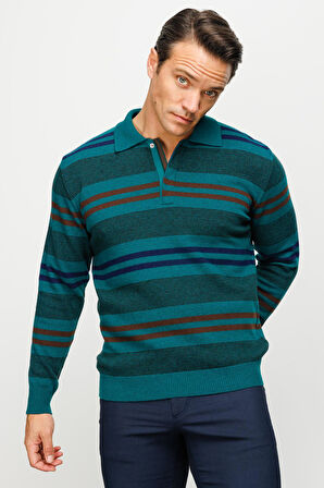 Erkek Polo Yaka Renkli Çizgili Kalın Yün Kazak K.Ö.başı