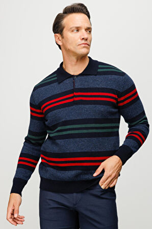 Erkek Polo Yaka Renkli Çizgili Kalın Yün Kazak K.Lacivert
