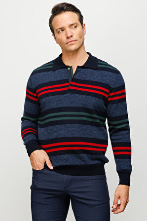Erkek Polo Yaka Renkli Çizgili Kalın Yün Kazak K.Lacivert