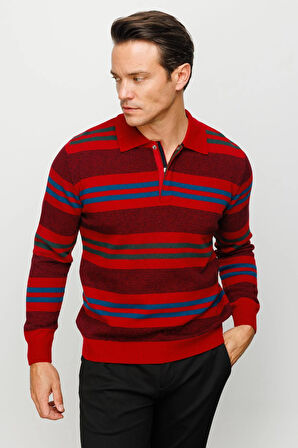 Erkek Polo Yaka Renkli Çizgili Kalın Yün Kazak K.Kırmızı