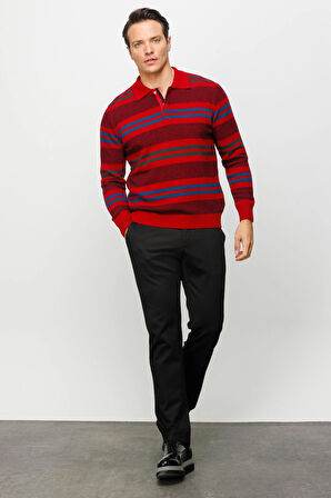 Erkek Polo Yaka Renkli Çizgili Kalın Yün Kazak K.Kırmızı