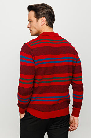 Erkek Polo Yaka Renkli Çizgili Kalın Yün Kazak K.Kırmızı