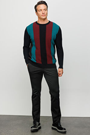 Erkek Sıfır Yaka Önü Renkli Yürütmeli Yün Kazak Siyah