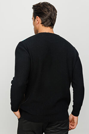 Erkek Sıfır Yaka Önü Renkli Yürütmeli Yün Kazak Siyah