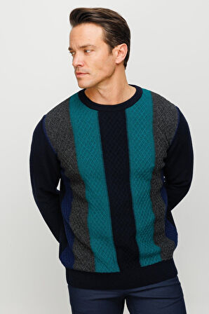 Erkek Sıfır Yaka Önü Renkli Yürütmeli Yün Kazak K.Lacivert