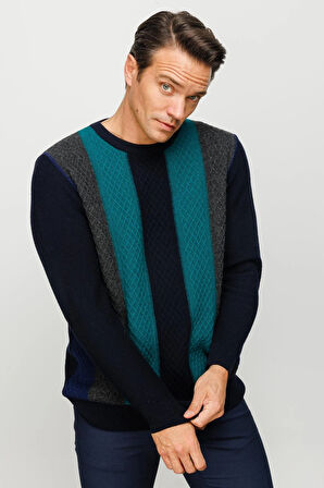 Erkek Sıfır Yaka Önü Renkli Yürütmeli Yün Kazak K.Lacivert