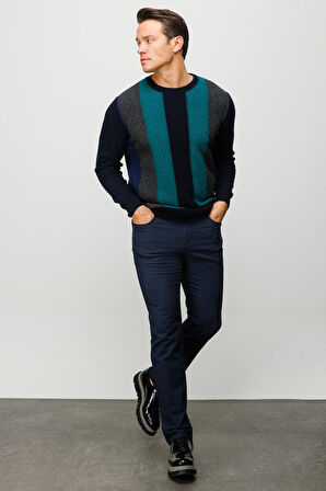 Erkek Sıfır Yaka Önü Renkli Yürütmeli Yün Kazak K.Lacivert