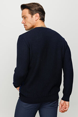 Erkek Sıfır Yaka Önü Renkli Yürütmeli Yün Kazak K.Lacivert