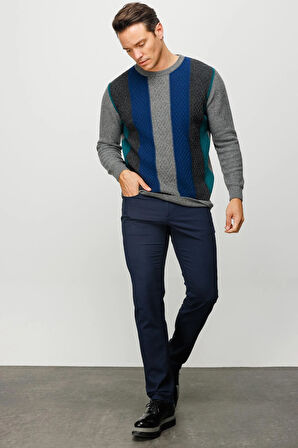 Erkek Sıfır Yaka Önü Renkli Yürütmeli Yün Kazak Füme