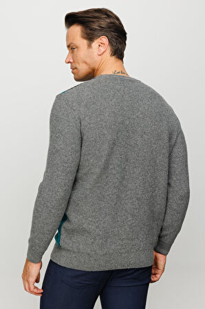 Erkek Sıfır Yaka Önü Renkli Yürütmeli Yün Kazak Füme