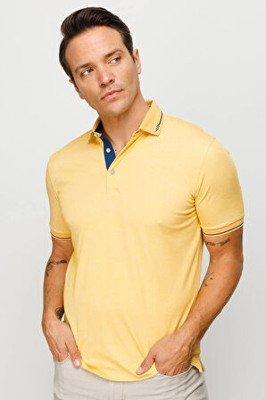Erkek Polo Yaka Yakası ve Kolu Triko T-shirt Sarı
