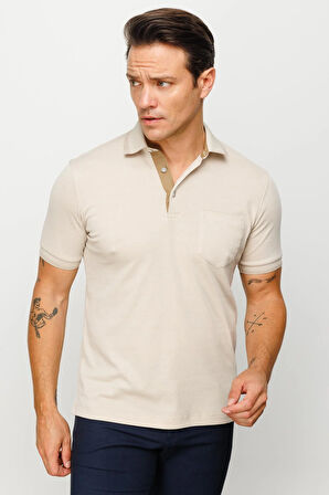 Erkek Polo Yaka Yakası ve Kolu Triko Cepli T-shirt Bej