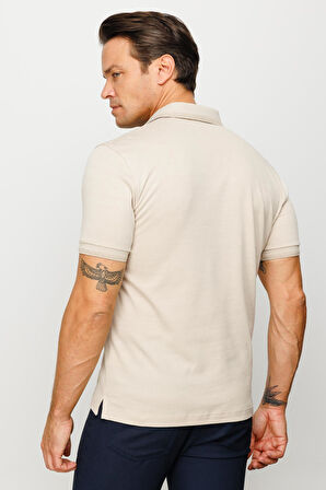 Erkek Polo Yaka Yakası ve Kolu Triko Cepli T-shirt Bej