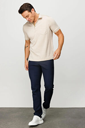 Erkek Polo Yaka Yakası ve Kolu Triko Cepli T-shirt Bej