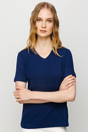 Kadın V Yaka Kaşkorse Pamuk T-shirt Lacivert