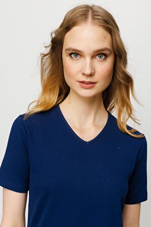 Kadın V Yaka Kaşkorse Pamuk T-shirt Lacivert