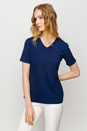 Kadın V Yaka Kaşkorse Pamuk T-shirt Lacivert