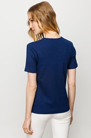 Kadın V Yaka Kaşkorse Pamuk T-shirt Lacivert
