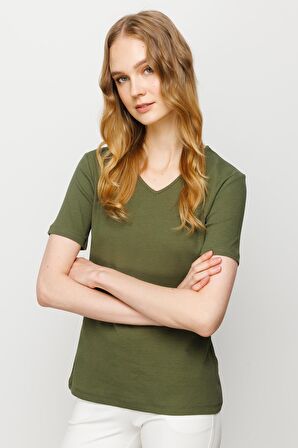 Kadın V Yaka Kaşkorse Pamuk T-shirt Haki